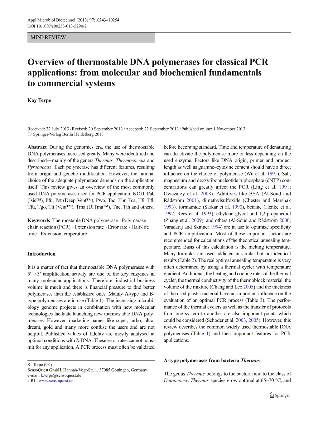 Overview of Thermostable DNA Polymerases for Classical PCR Applications: from Molecular and Biochemical Fundamentals to Commercial Systems