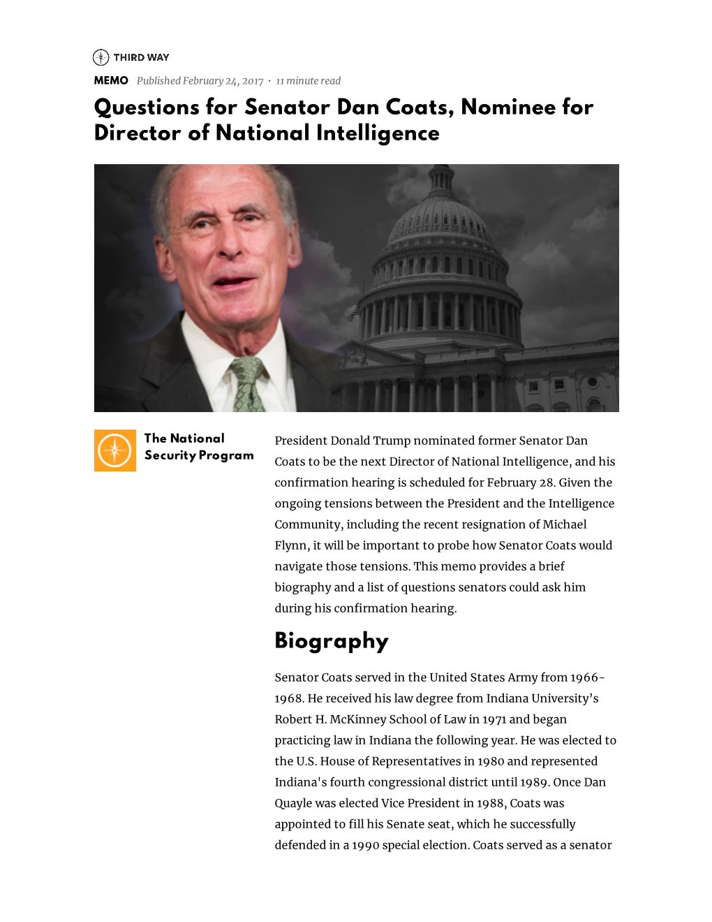 Questions for Senator Dan Coats, Nominee for Director of National Intelligence