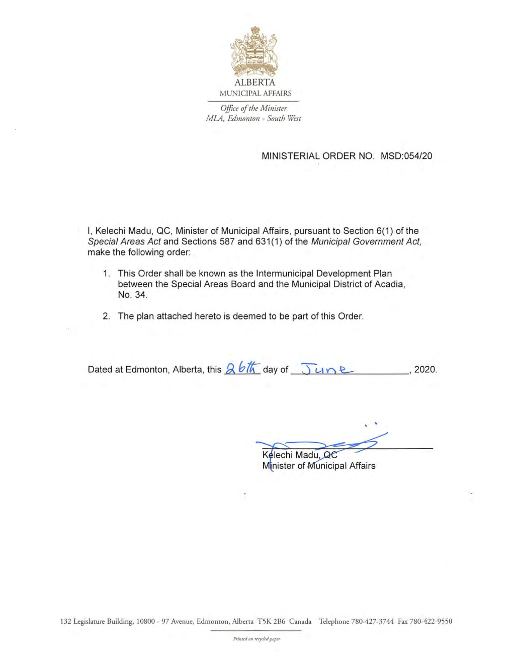 Ministerial Order MSD:054/20 [Municipal Affairs]