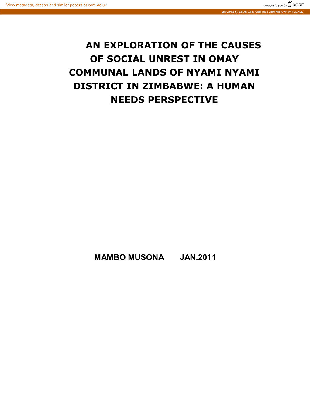 An Exploration of the Causes of Social Unrest in Omay Communal Lands of Nyami Nyami District in Zimbabwe: a Human Needs Perspective