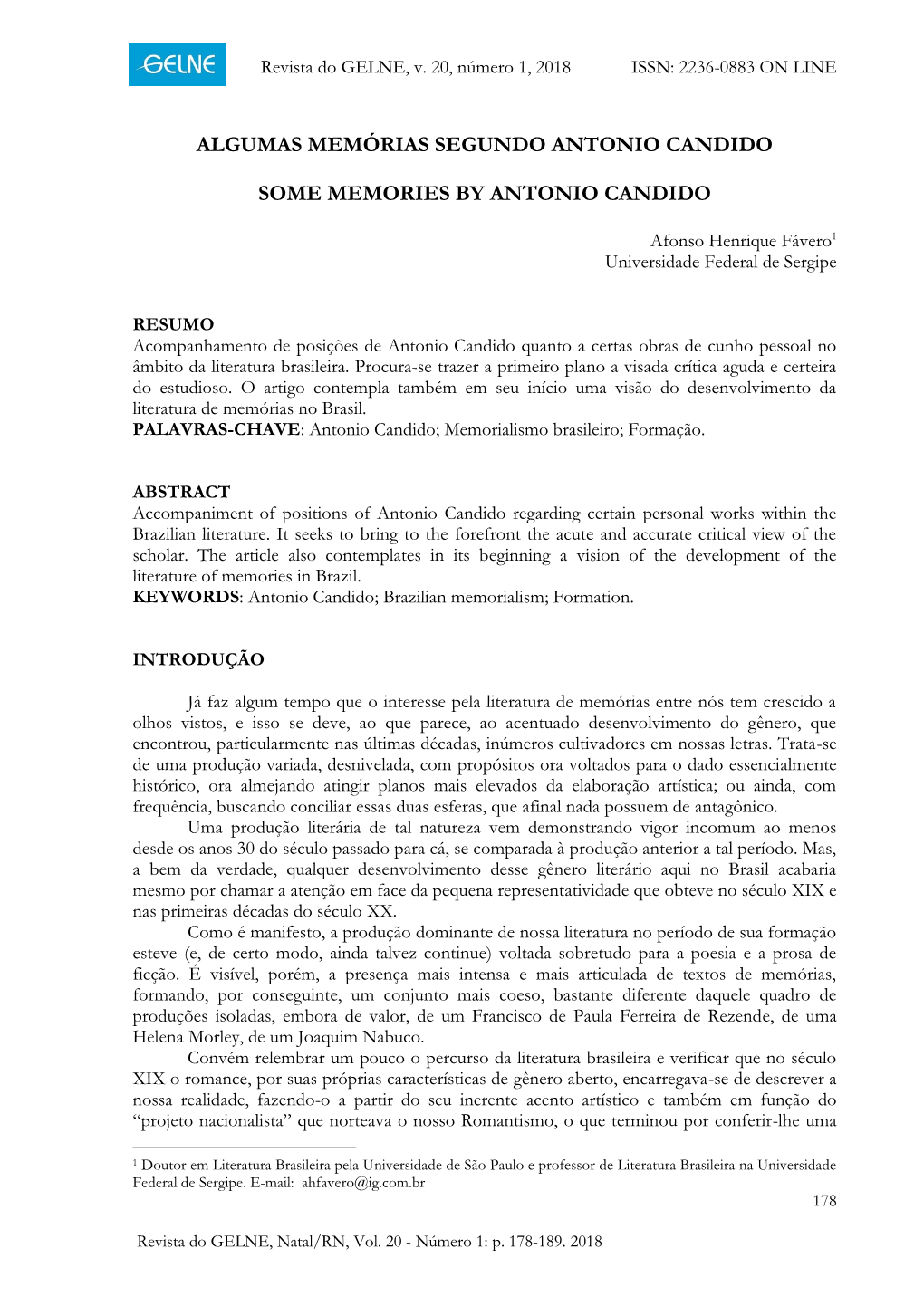 Algumas Memórias Segundo Antonio Candido Some