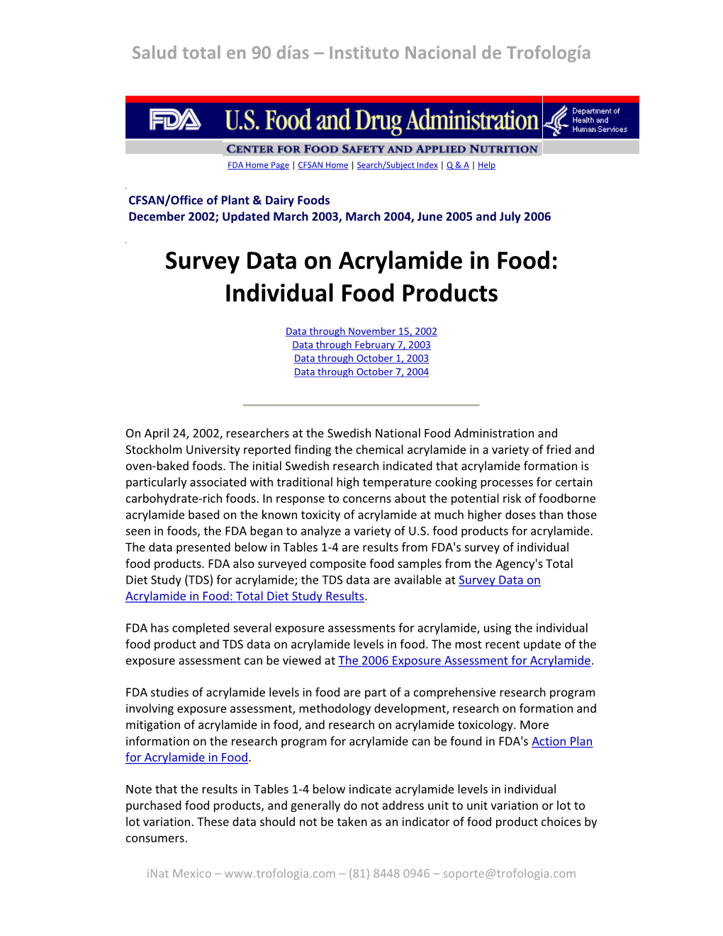 Survey Data on Acrylamide in Food: Individual Food Products