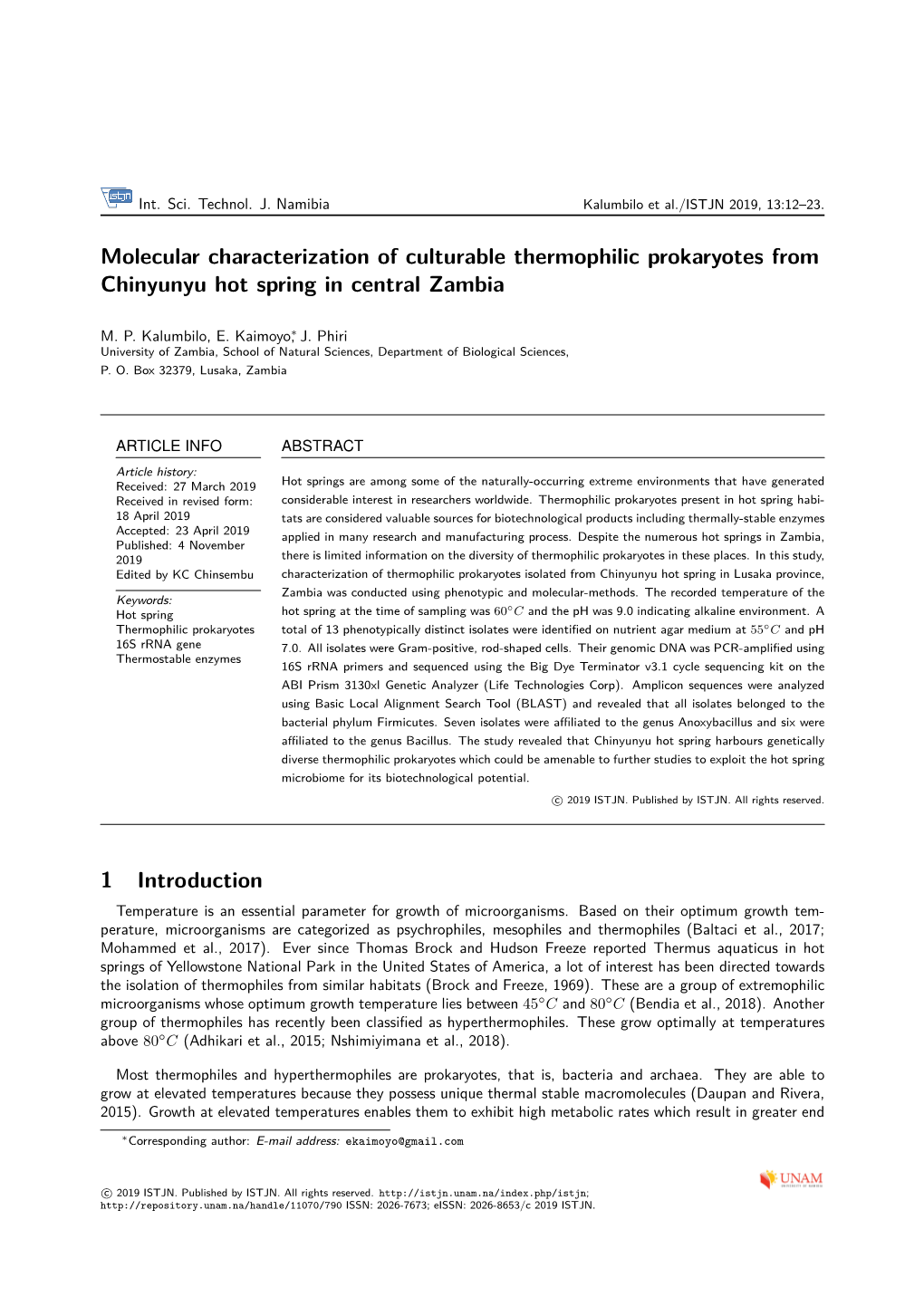 Molecular Characterization of Culturable Thermophilic Prokaryotes from Chinyunyu Hot Spring in Central Zambia