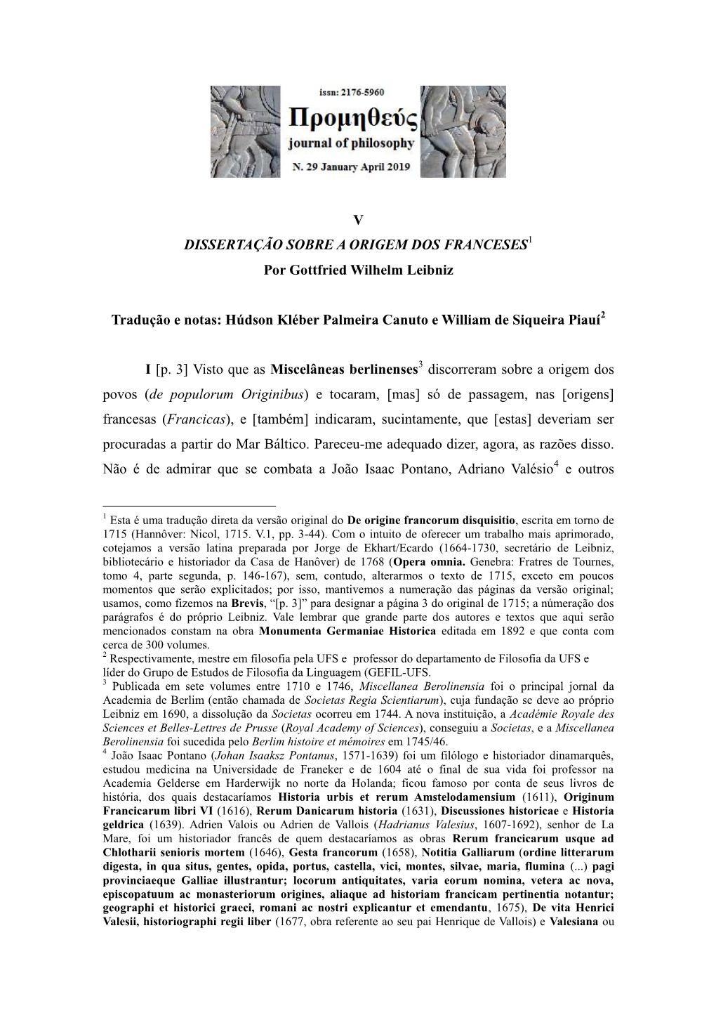 V DISSERTAÇÃO SOBRE a ORIGEM DOS FRANCESES1 Por Gottfried Wilhelm Leibniz Tradução E Notas: Húdson Kléber Palmeira Canuto