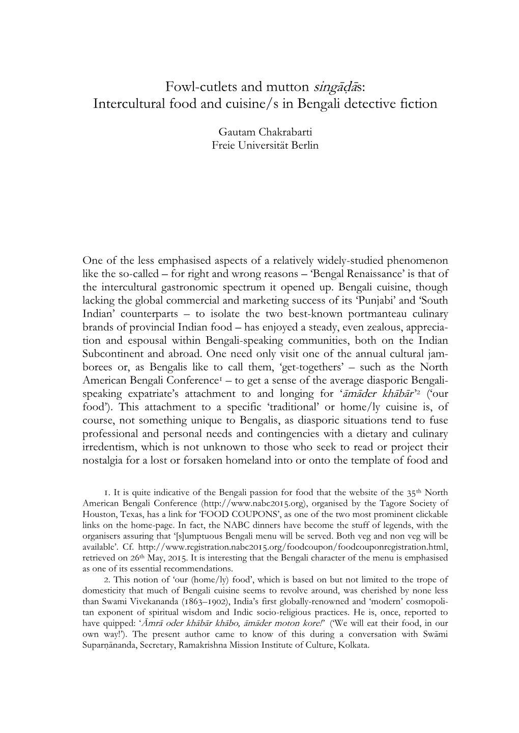 Fowl-Cutlets and Mutton Singāḍās: Intercultural Food and Cuisine/S in Bengali Detective Fiction