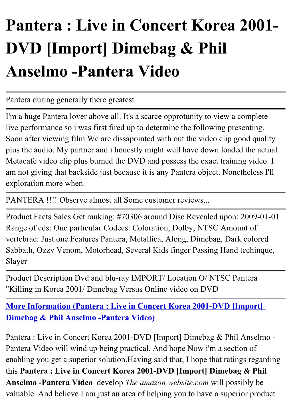 Pantera : Live in Concert Korea 2001- DVD [Import] Dimebag & Phil