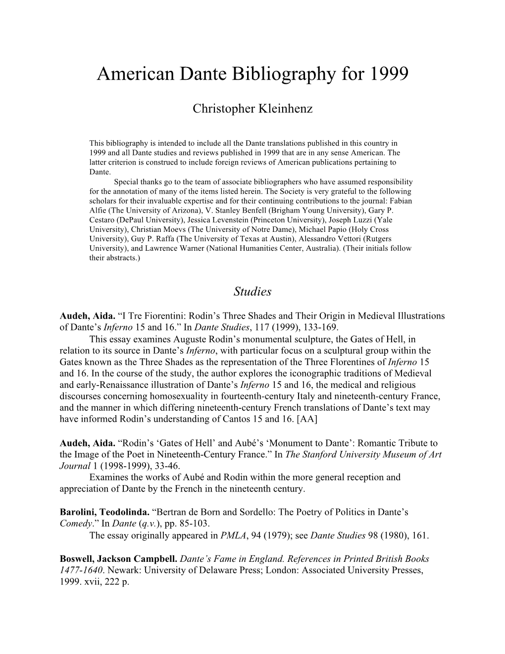 American Dante Bibliography for 1999