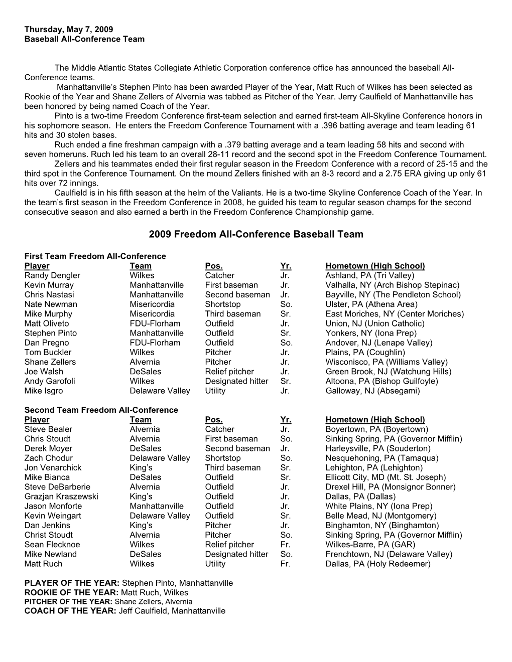 2009 Freedom All-Conference Baseball Team