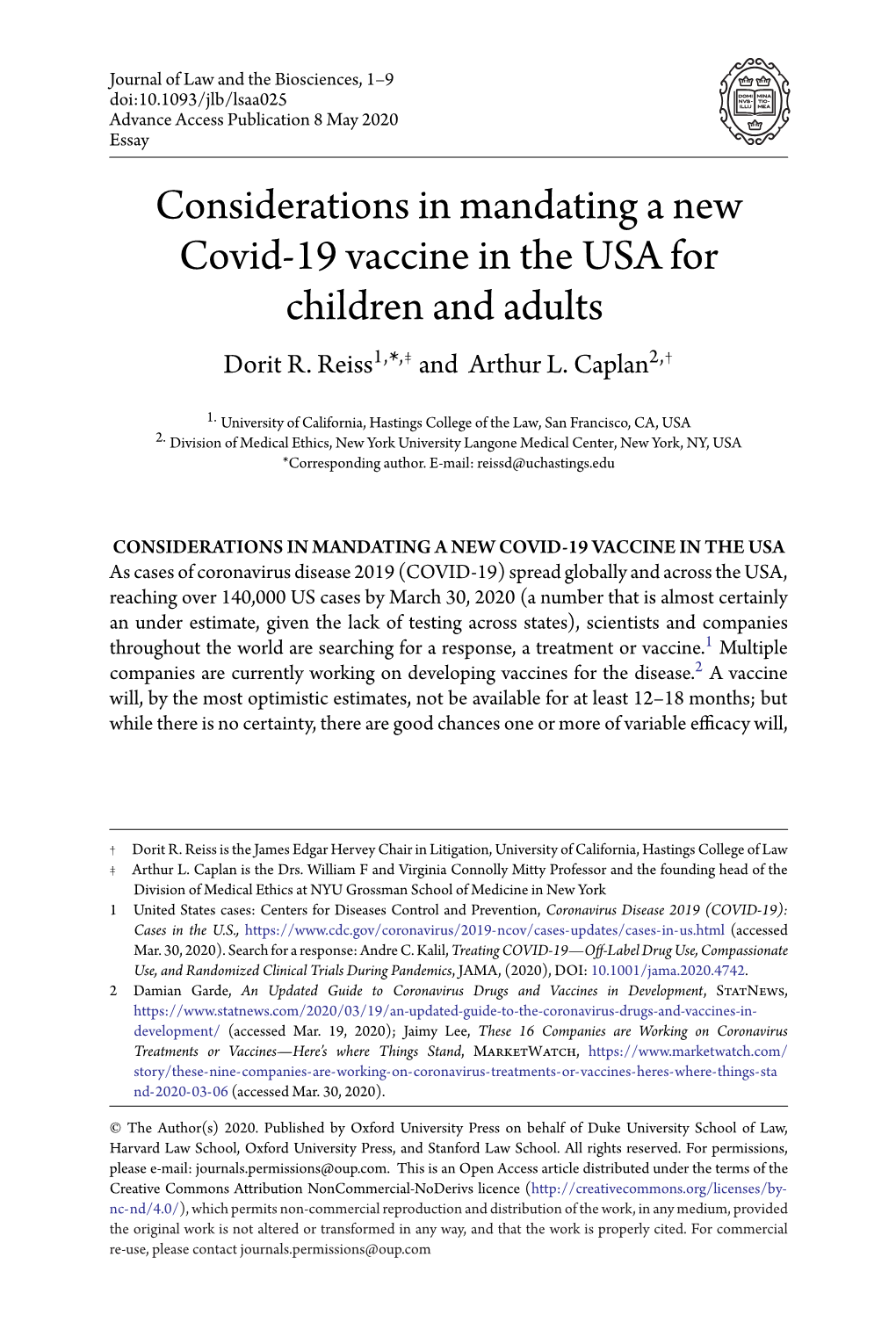 Considerations in Mandating a New Covid-19 Vaccine in the USA for Children and Adults Dorit R