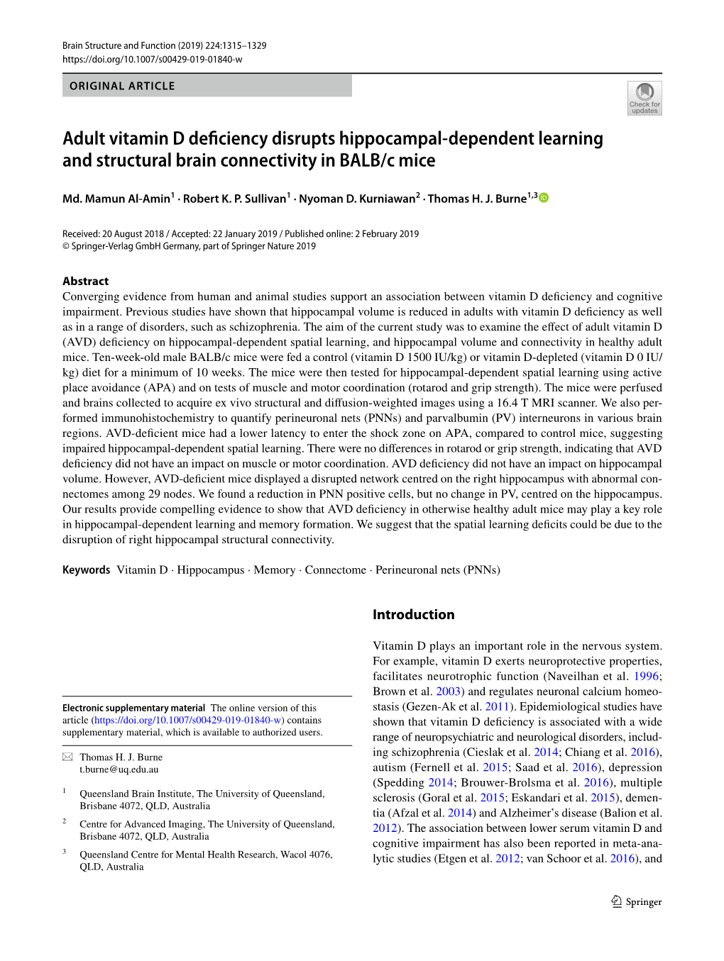 Adult Vitamin D Deficiency Disrupts Hippocampal-Dependent Learning and Structural Brain Connectivity in BALB/C Mice