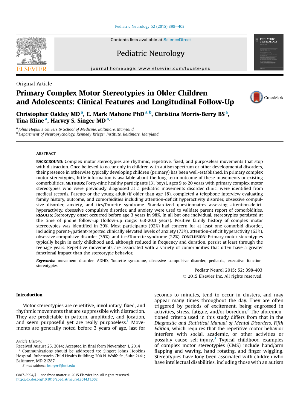 Primary Complex Motor Stereotypies in Older Children and Adolescents: Clinical Features and Longitudinal Follow-Up