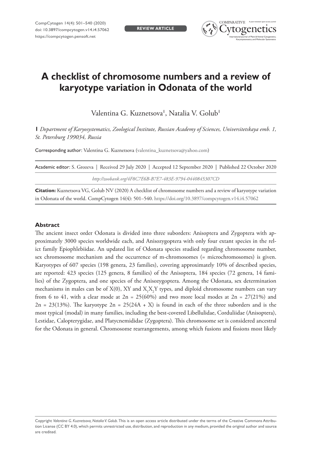 A Checklist of Chromosome Numbers and a Review of Karyotype Variation in Odonata of the World