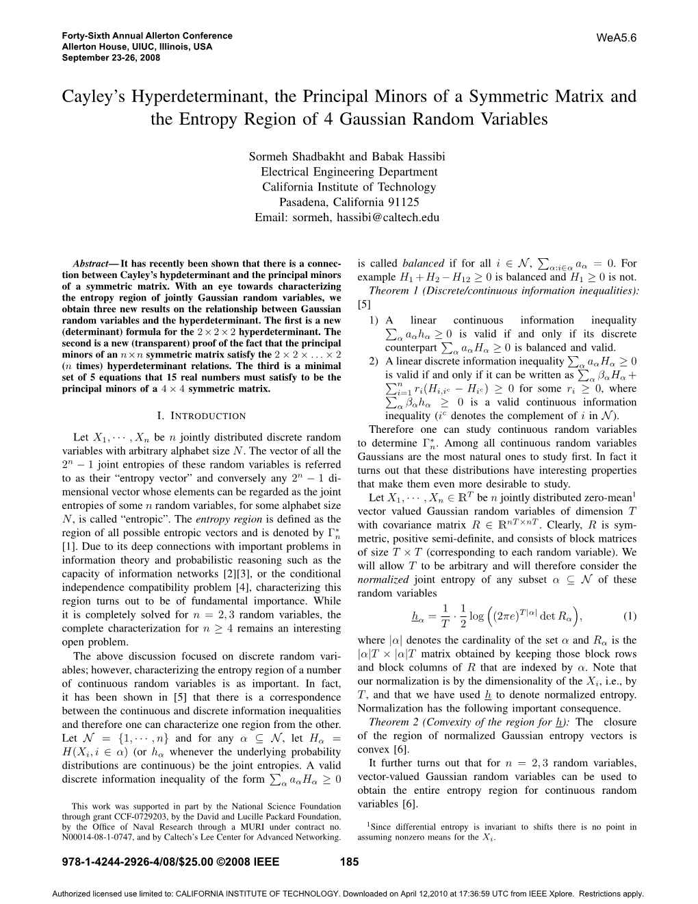 Cayley's Hyperdeterminant, the Principal Minors of a Symmetric