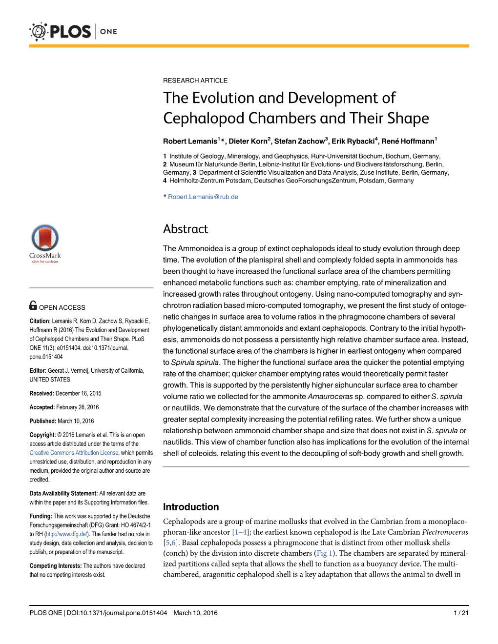 The Evolution and Development of Cephalopod Chambers and Their Shape