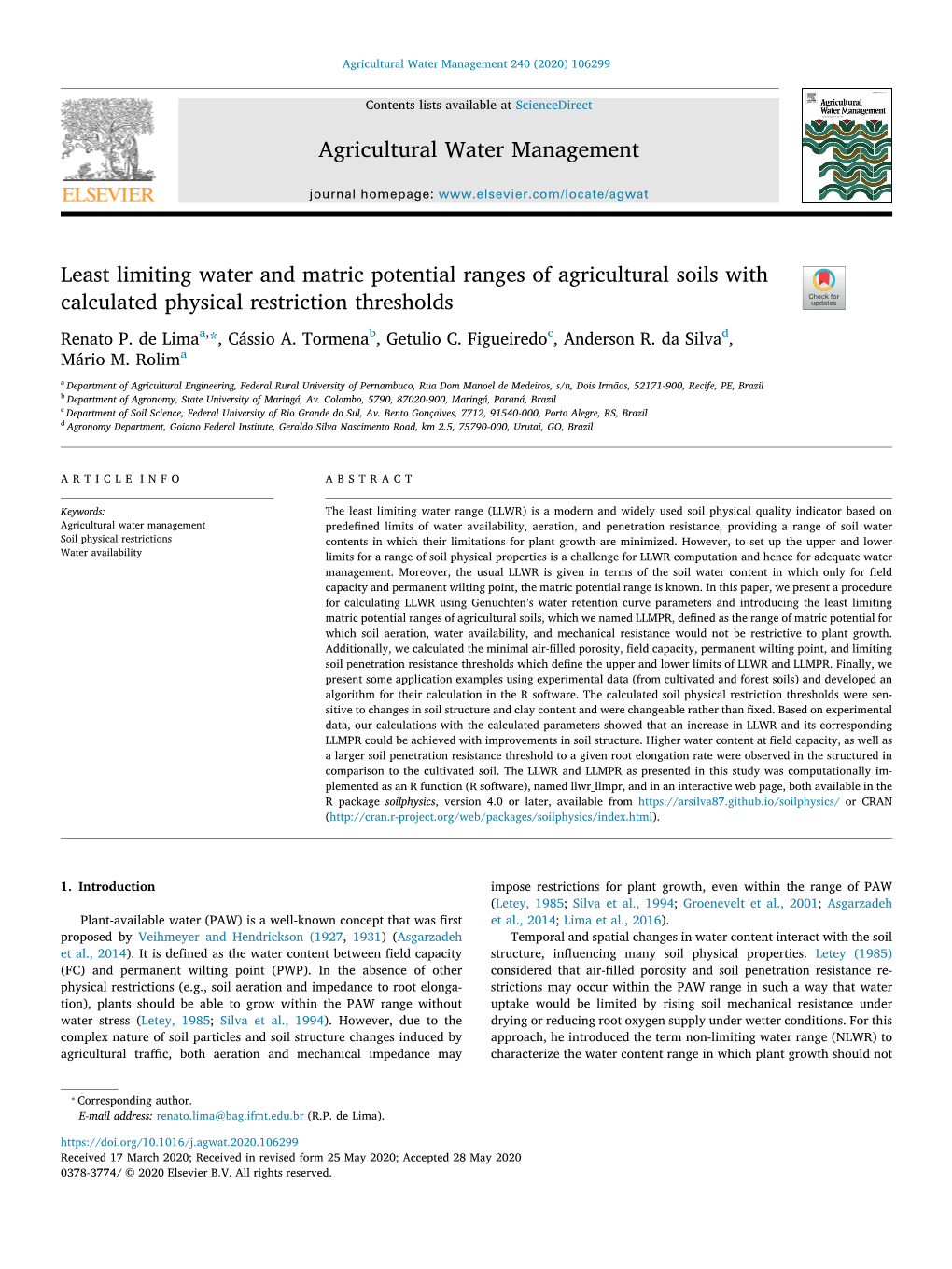 Least Limiting Water and Matric Potential Ranges of Agricultural Soils with T Calculated Physical Restriction Thresholds Renato P