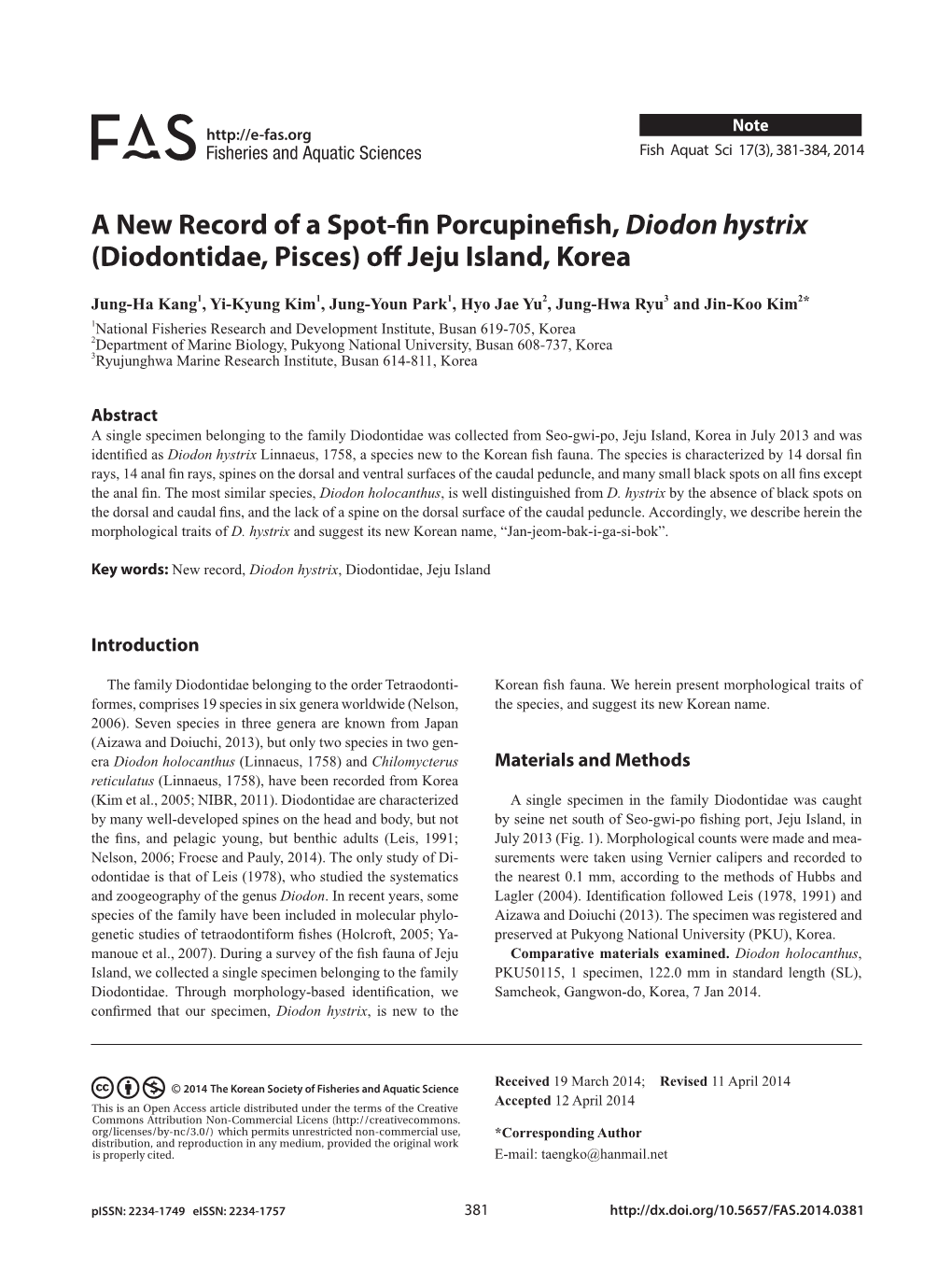 A New Record of a Spot-Fin Porcupinefish, Diodon Hystrix