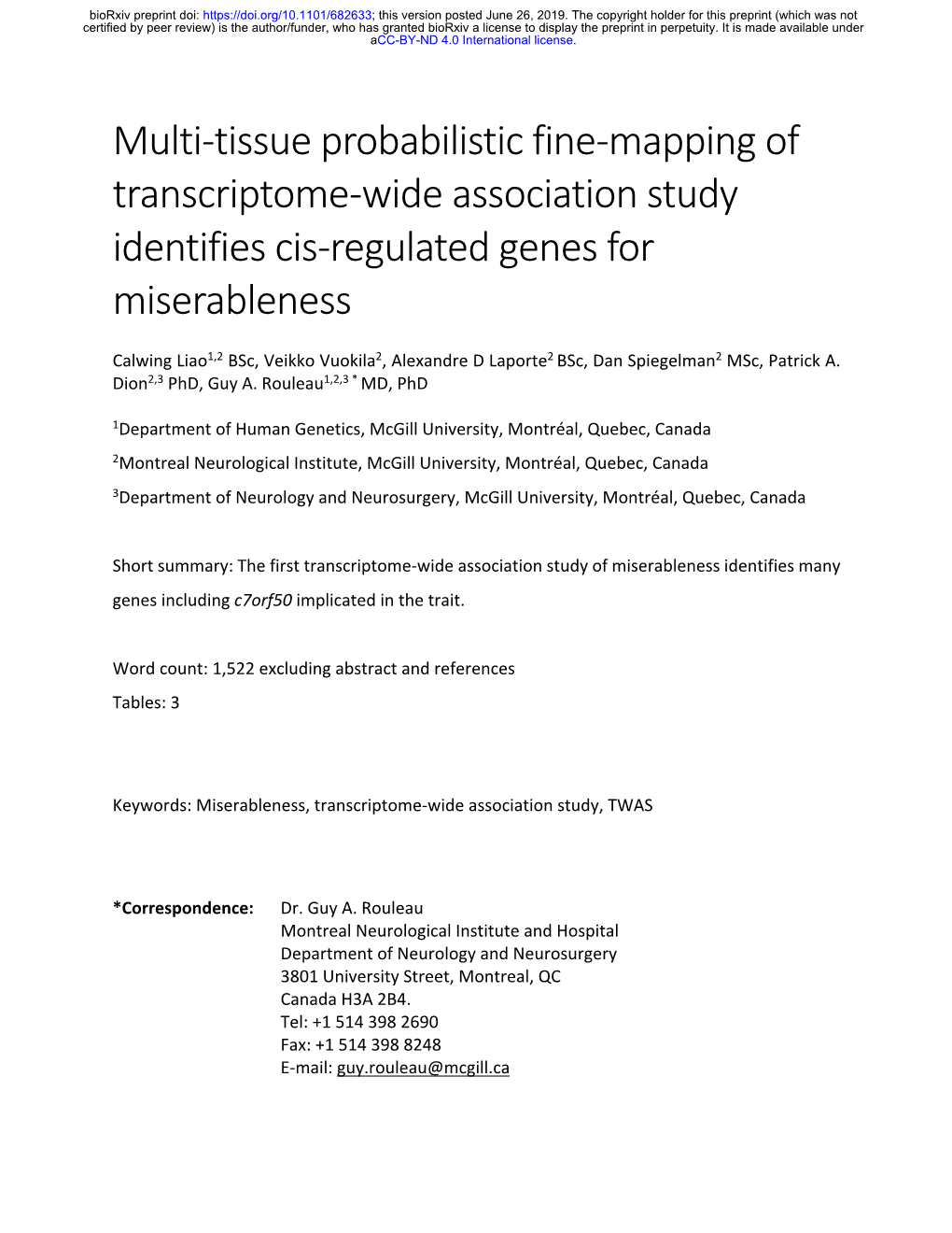 Multi-Tissue Probabilistic Fine-Mapping of Transcriptome-Wide Association Study Identifies Cis-Regulated Genes for Miserableness