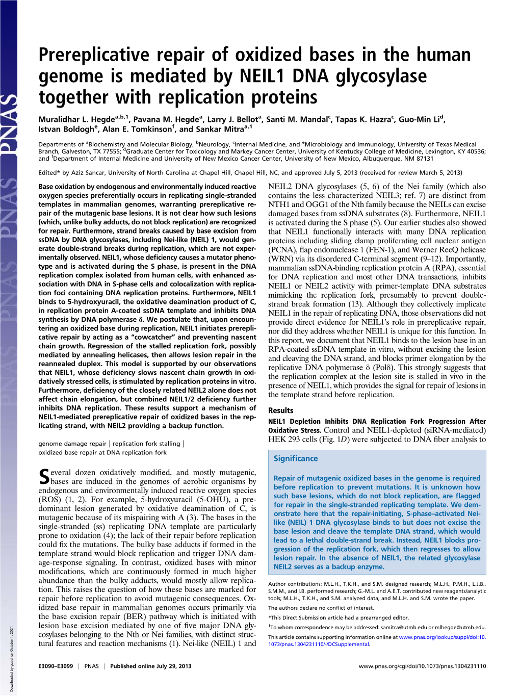 Prereplicative Repair of Oxidized Bases in the Human Genome Is Mediated by NEIL1 DNA Glycosylase Together with Replication Proteins