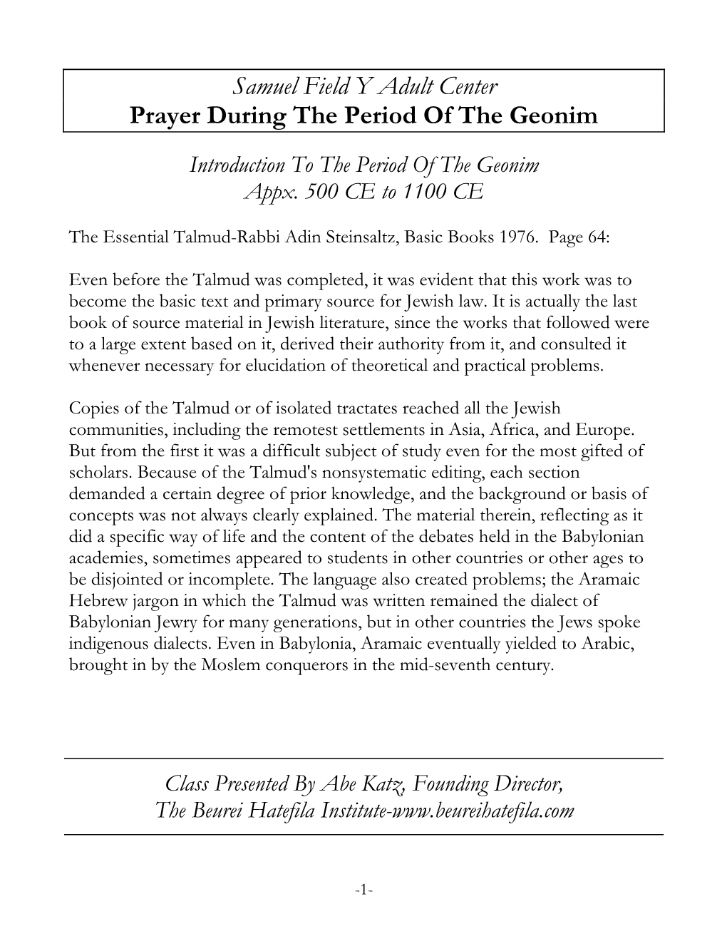 Handout Prayer in the Geonic Period