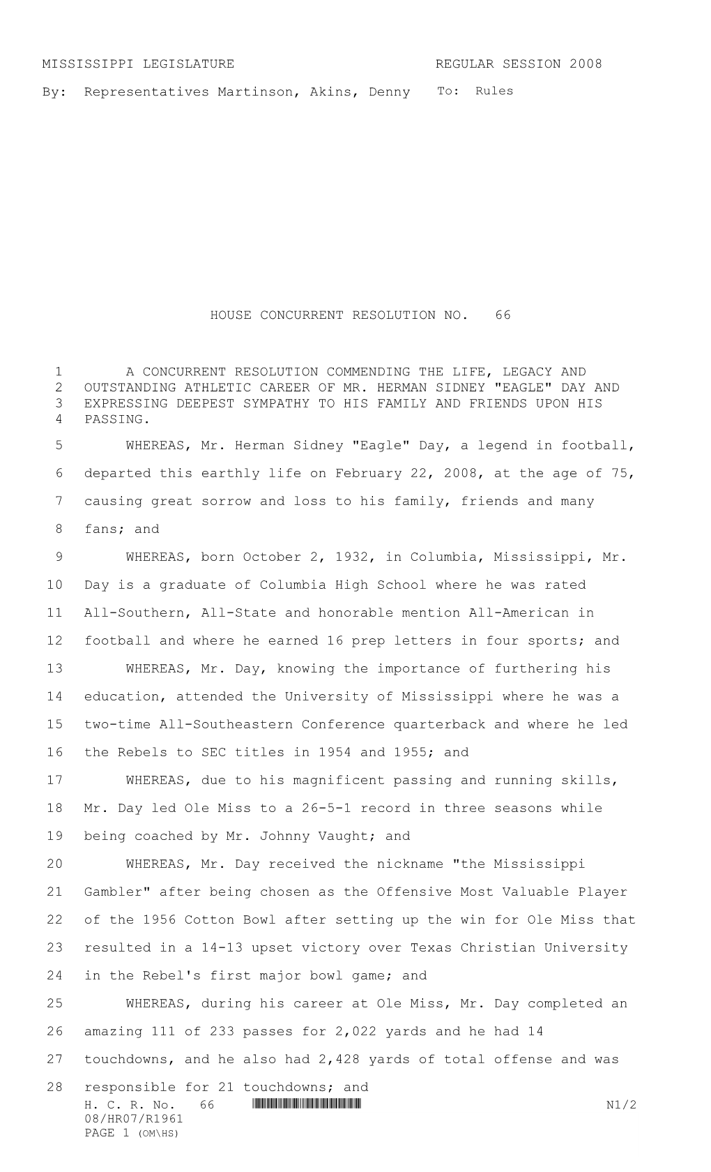 MISSISSIPPI LEGISLATURE REGULAR SESSION 2008 By