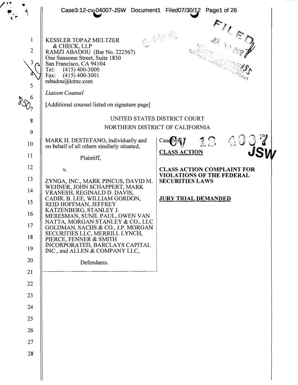 Mark H. Destefano, Et Al. V. Zynga, Inc., Et Al. 12-CV-04007-Class