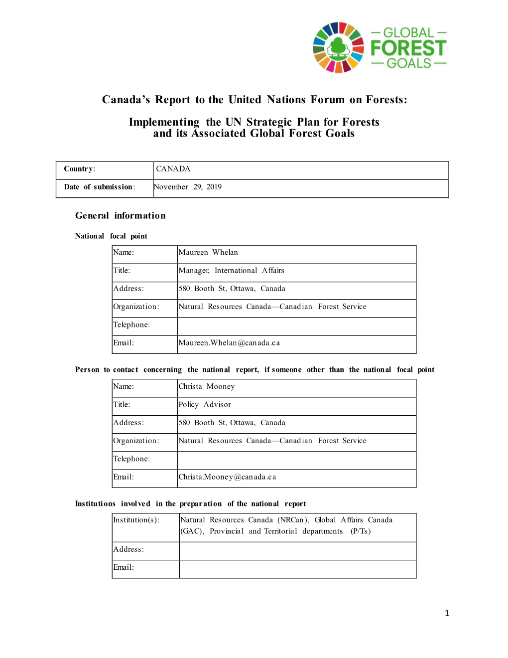 Canada’S Report to the United Nations Forum on Forests