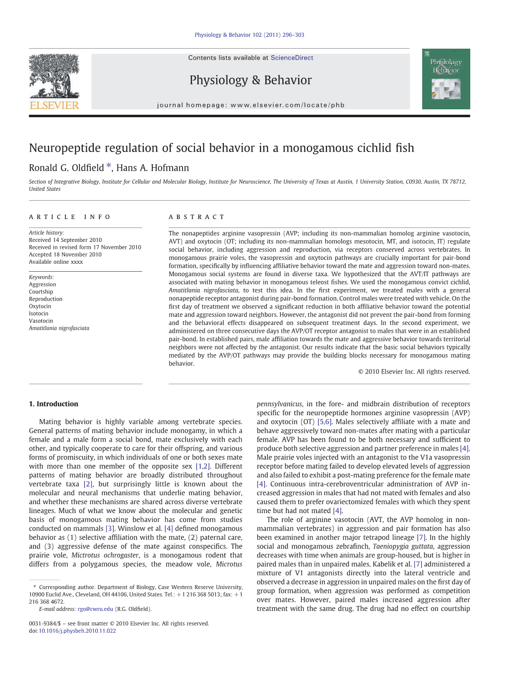 Neuropeptide Regulation of Social Behavior in a Monogamous Cichlid ﬁsh