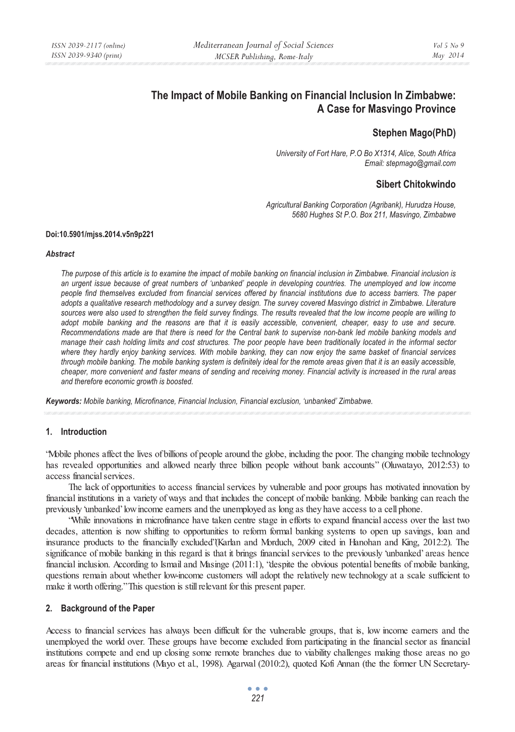 The Impact of Mobile Banking on Financial Inclusion in Zimbabwe: a Case for Masvingo Province