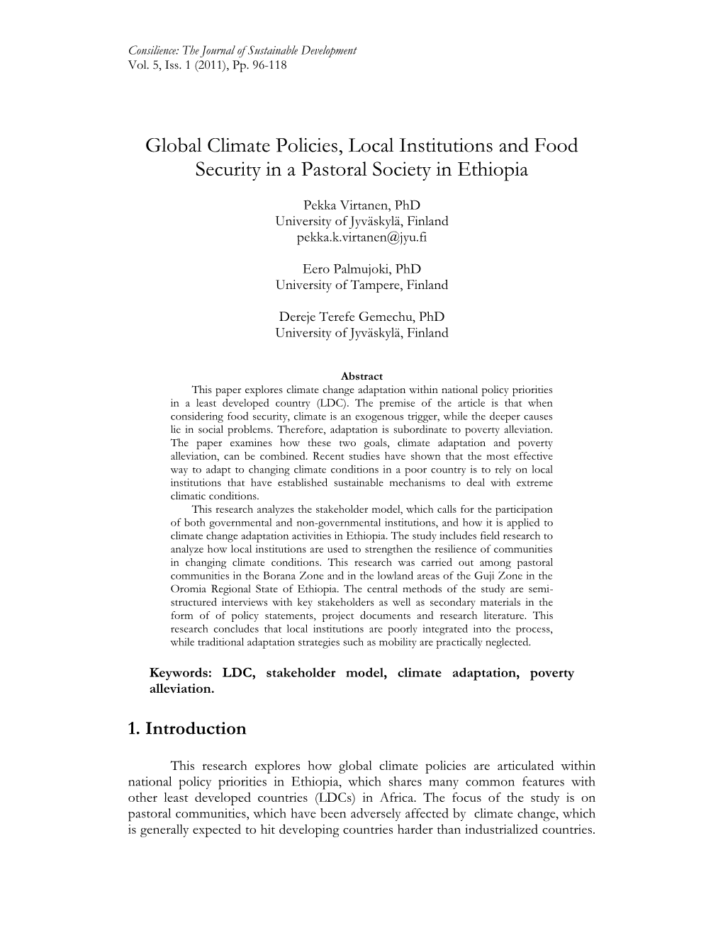 Global Climate Policies, Local Institutions and Food Security in a Pastoral Society in Ethiopia