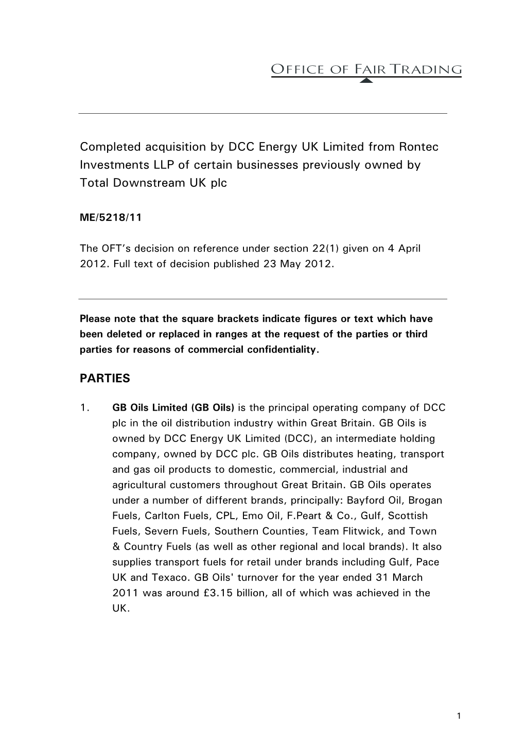 Full Text of the Decision Regarding the Completed Acquisition by DCC