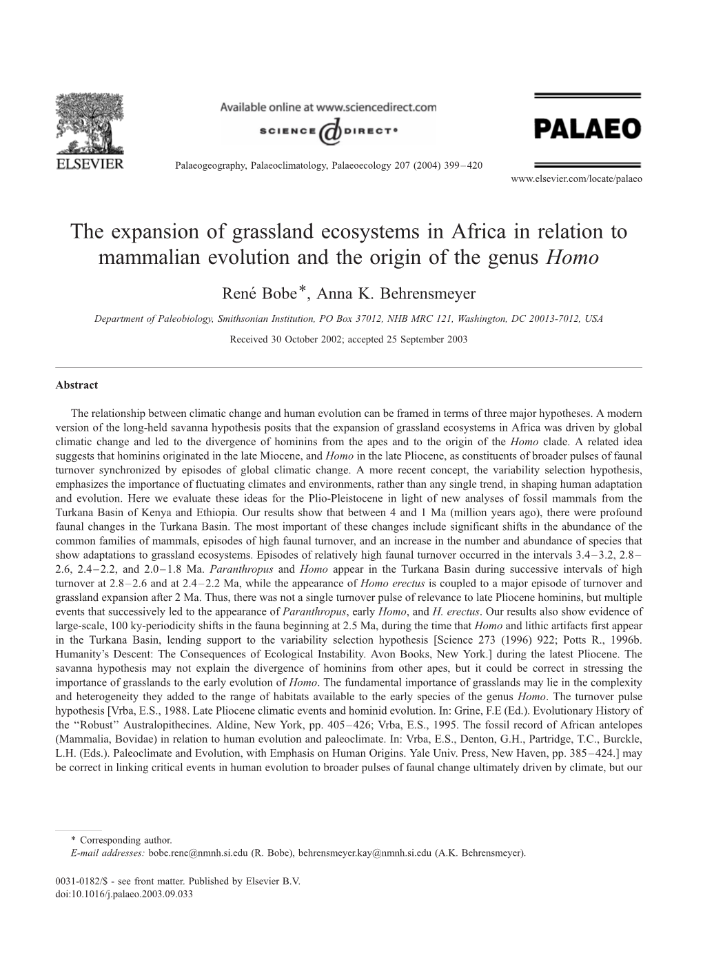 The Expansion of Grassland Ecosystems in Africa in Relation to Mammalian Evolution and the Origin of the Genus Homo