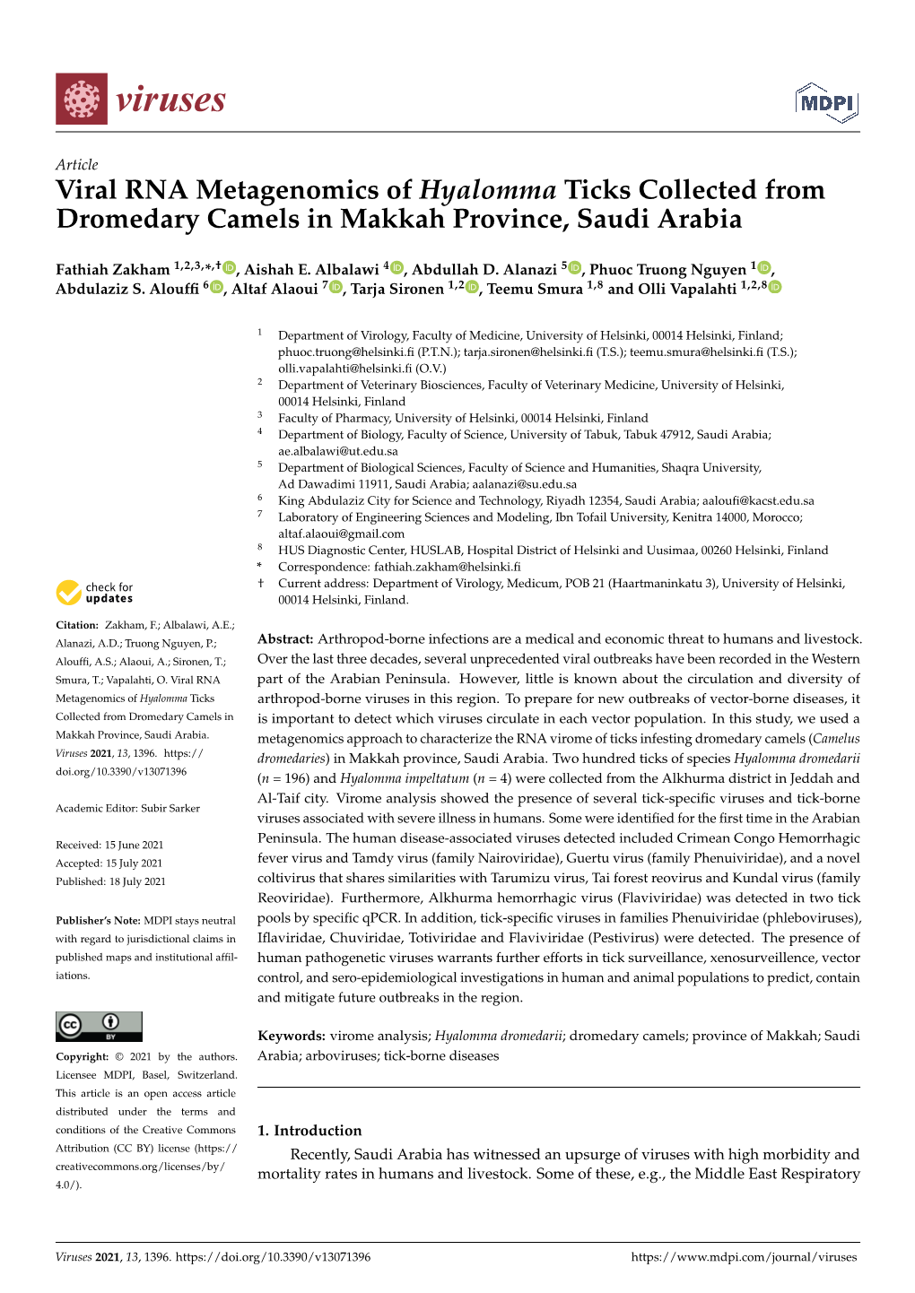 Viral RNA Metagenomics of Hyalomma Ticks Collected from Dromedary Camels in Makkah Province, Saudi Arabia