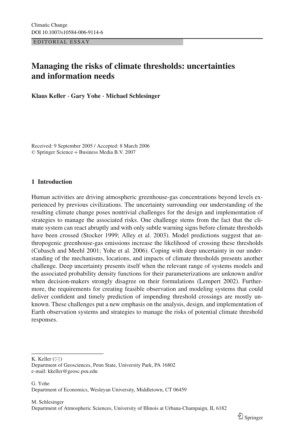 Managing the Risks of Climate Thresholds: Uncertainties and Information Needs