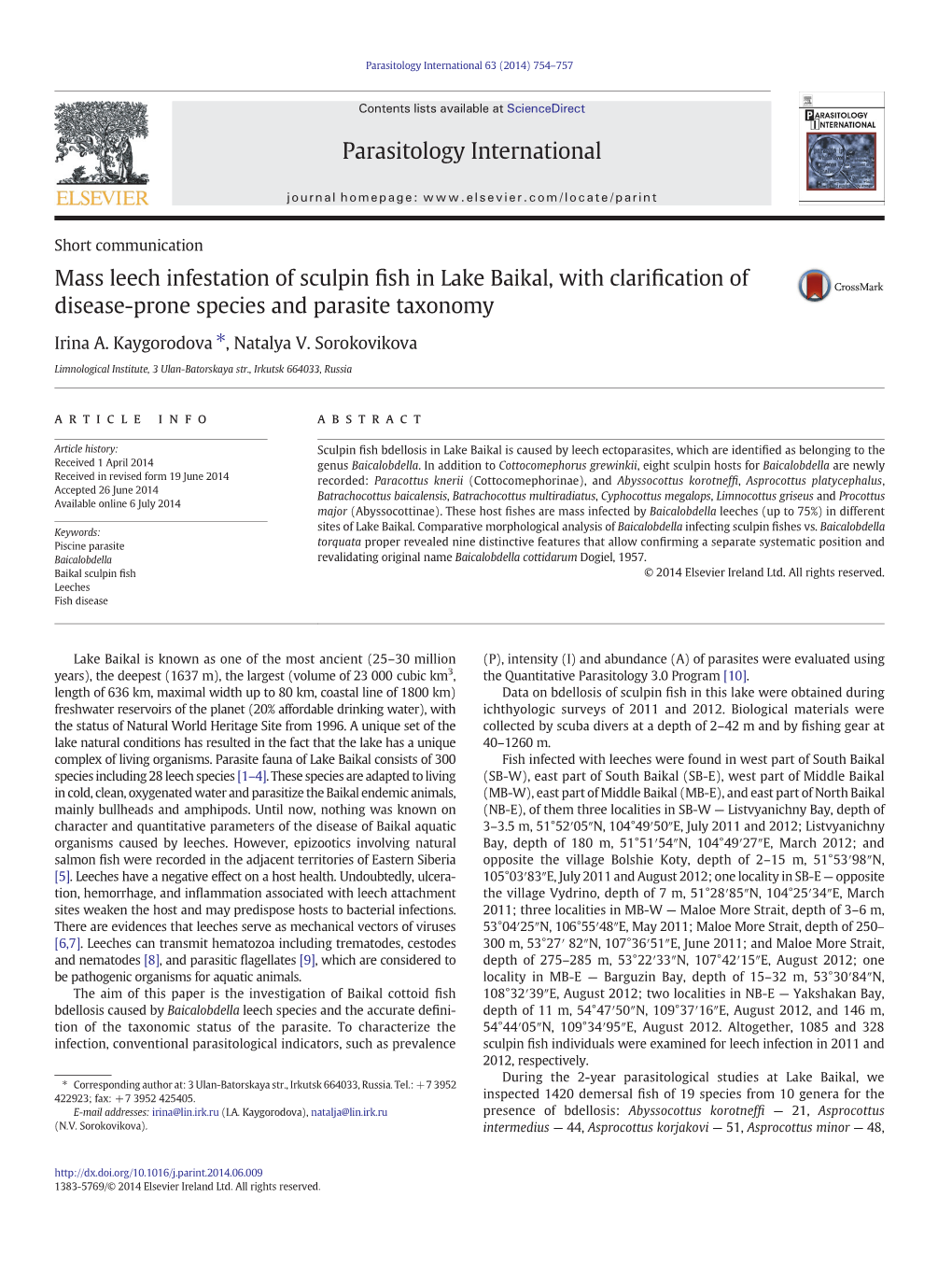 Mass Leech Infestation of Sculpin Fish in Lake Baikal, with Clarification Of