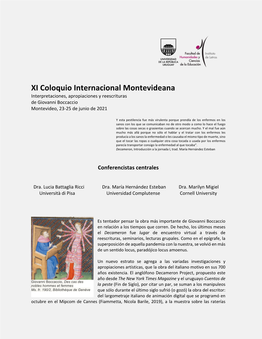 XI Coloquio Internacional Montevideana Interpretaciones, Apropiaciones Y Reescrituras De Giovanni Boccaccio Montevideo, 23-25 De Junio De 2021