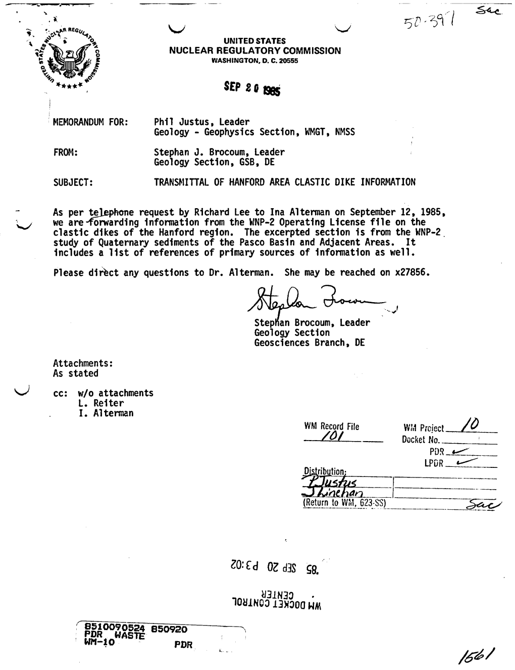 Transmittal of Hanford Area Clastic Dike Information