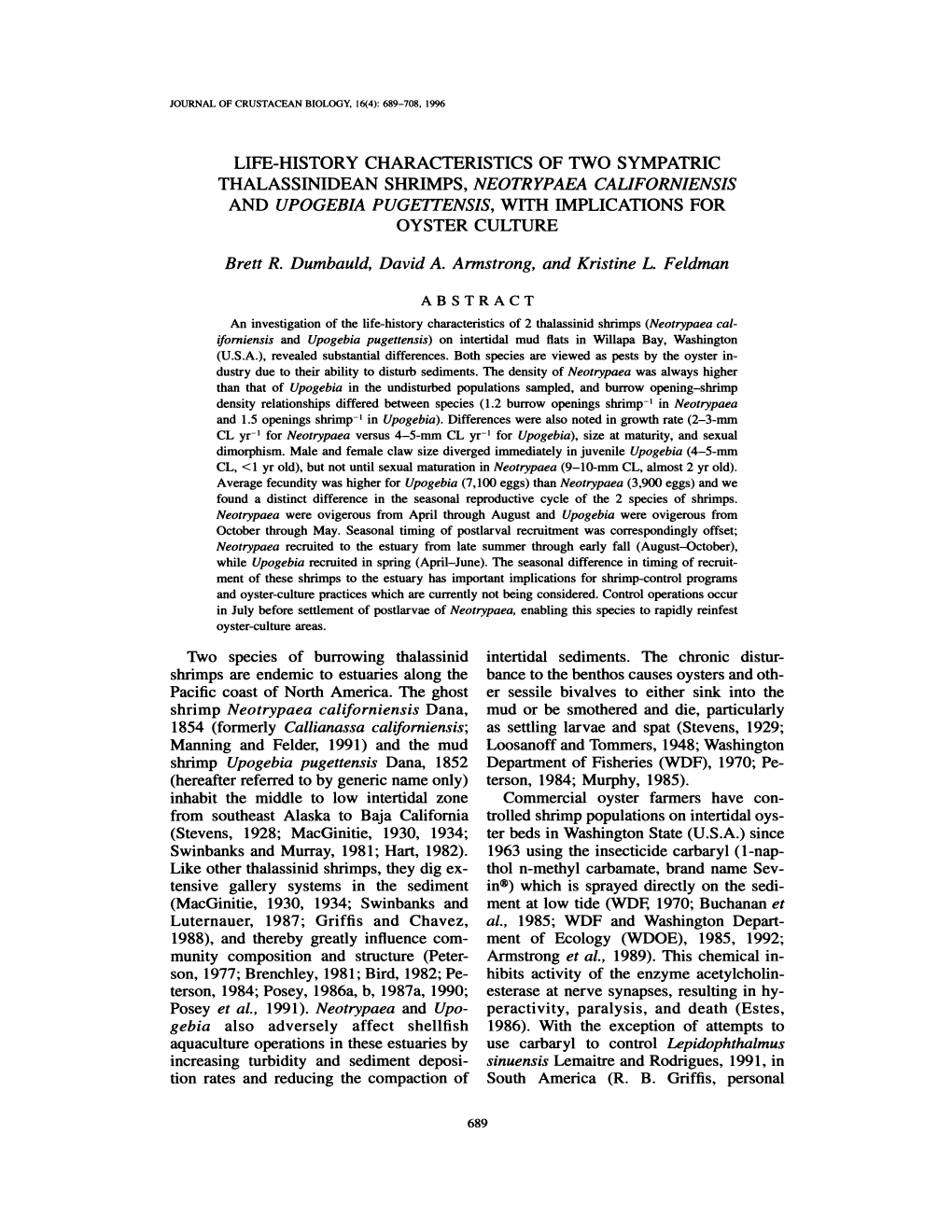 Upogebia Pugettensis, with Implications for Oyster Culture