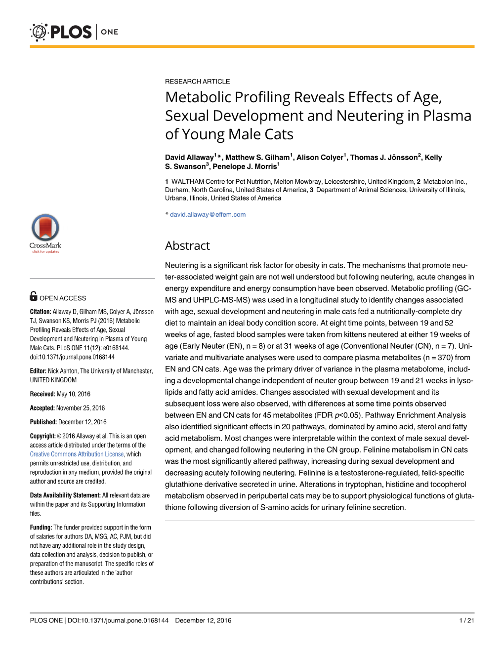 Metabolic Profiling Reveals Effects of Age, Sexual Development and Neutering in Plasma of Young Male Cats