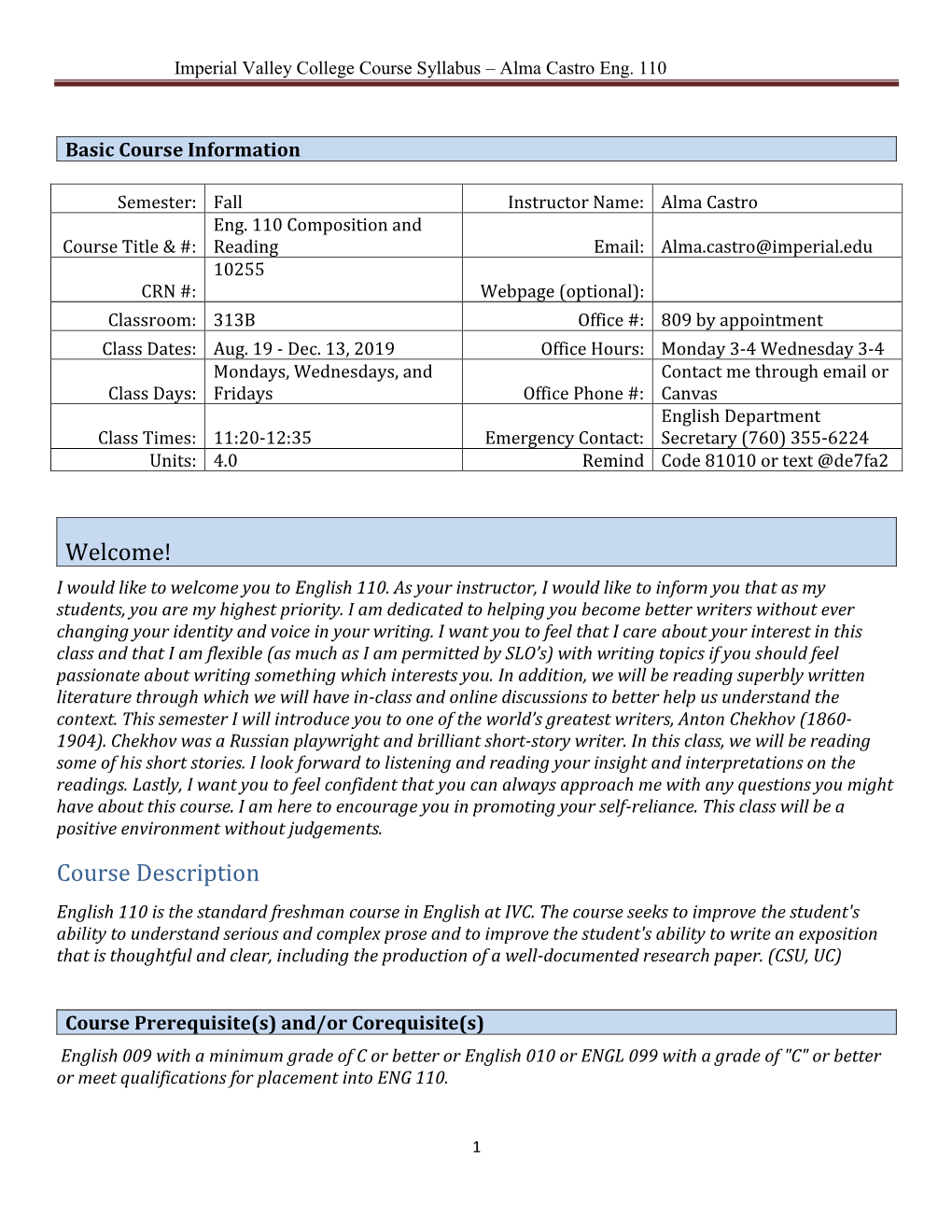 Imperial Valley College Course Syllabus – Alma Castro Eng. 110