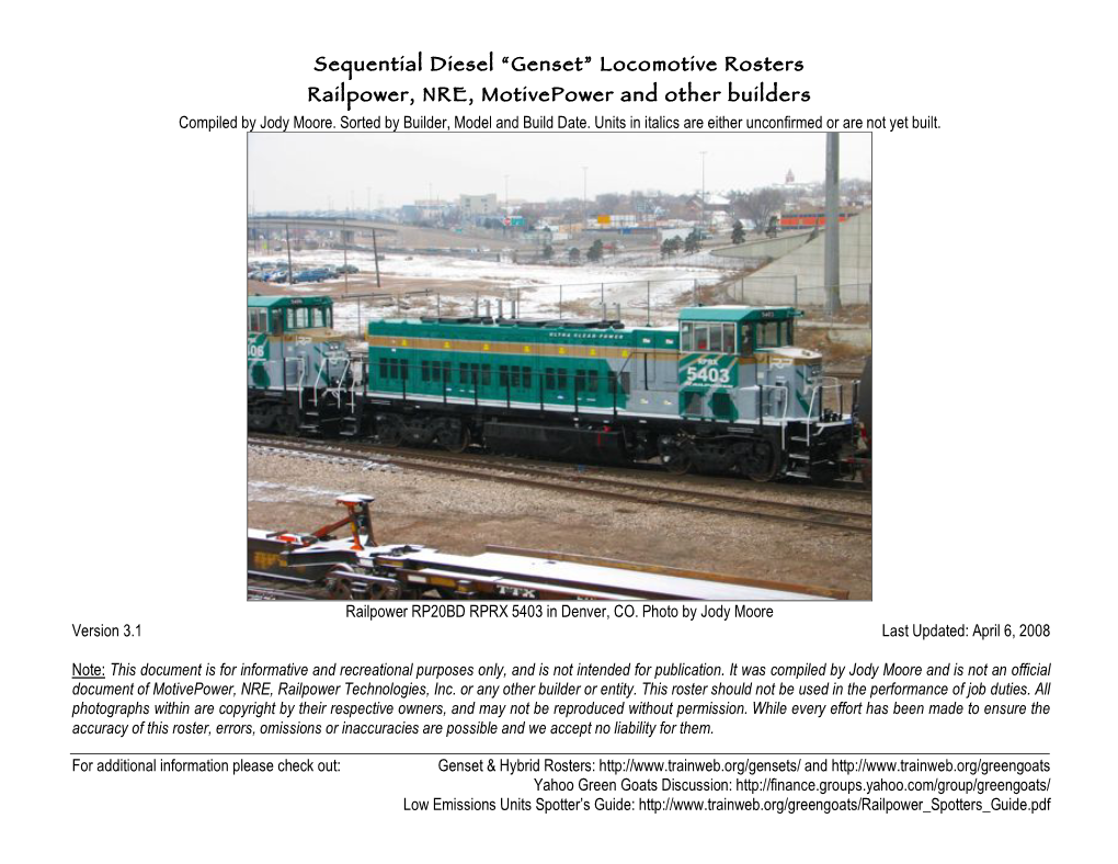 “Genset” Locomotive Rosters Railpower, NRE, Motivepower and Other Builders Compiled by Jody Moore