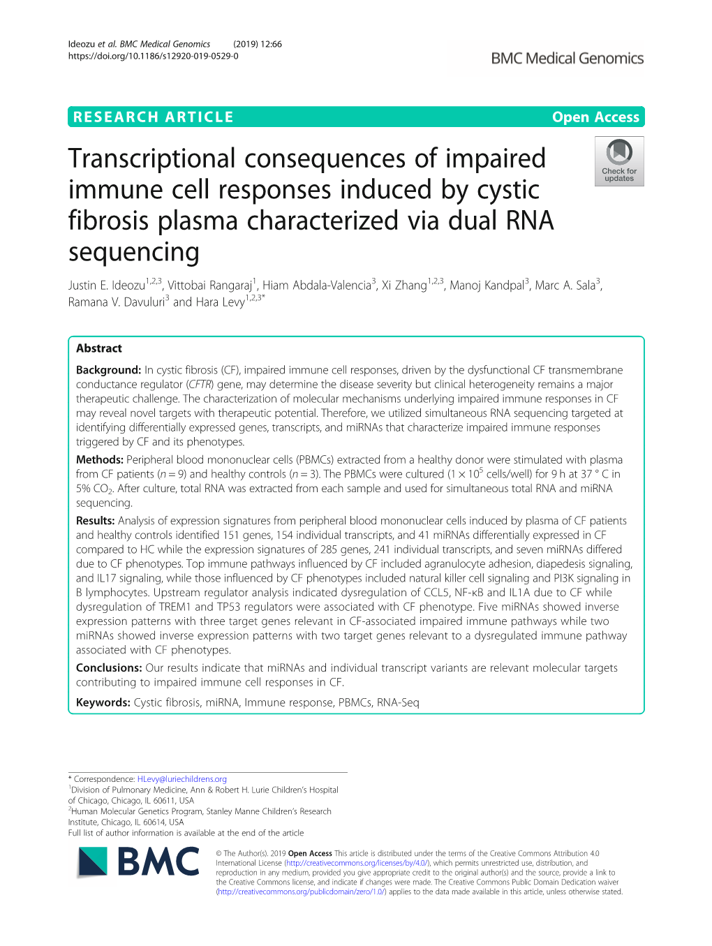 Transcriptional Consequences of Impaired Immune Cell Responses Induced by Cystic Fibrosis Plasma Characterized Via Dual RNA Sequencing Justin E