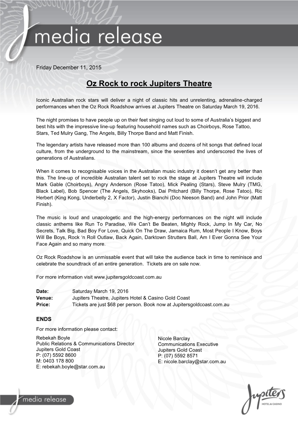 The Oz Rock Roadshow Arrives at Jupiters Theatre on Saturday March 19, 2016
