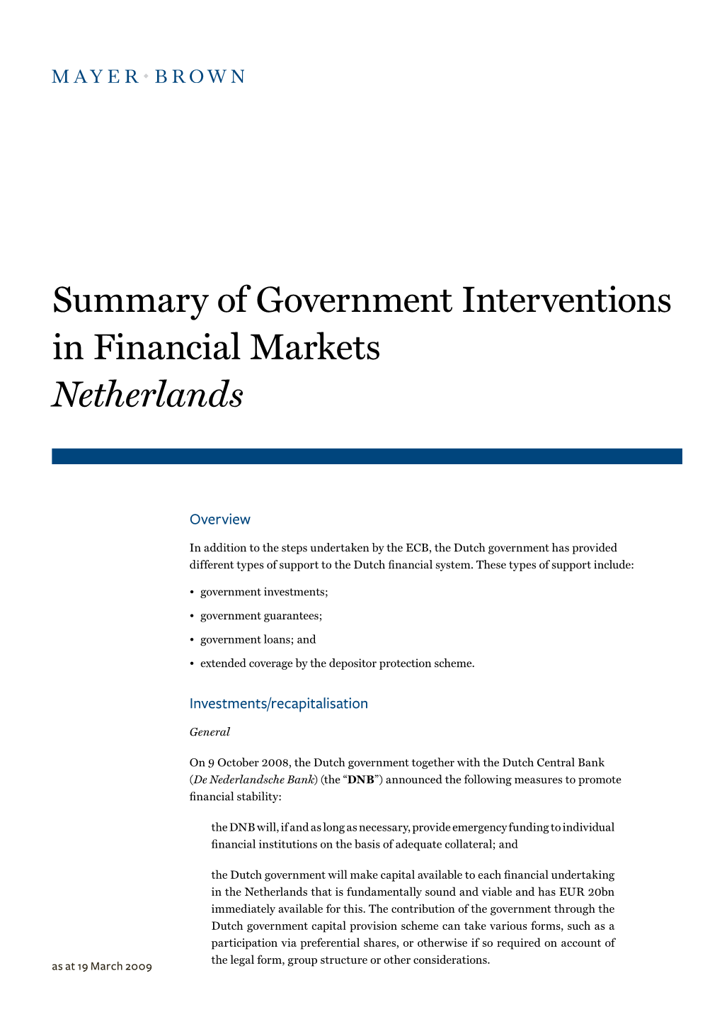 Summary of Government Interventions in Financial Markets Netherlands