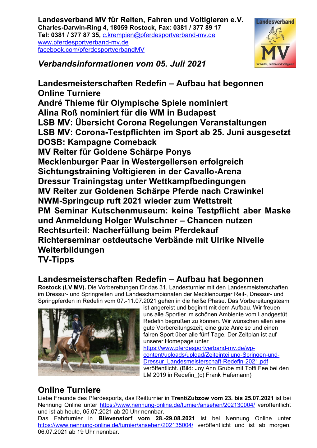 Verbandsinformationen Vom 05. Juli 2021 Landesmeisterschaften Redefin – Aufbau Hat Begonnen Online Turniere André Thieme