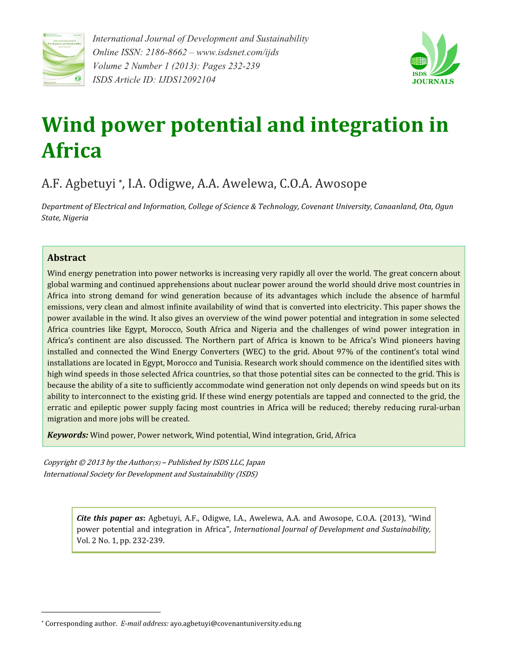 Wind Power Potential and Integration in Africa
