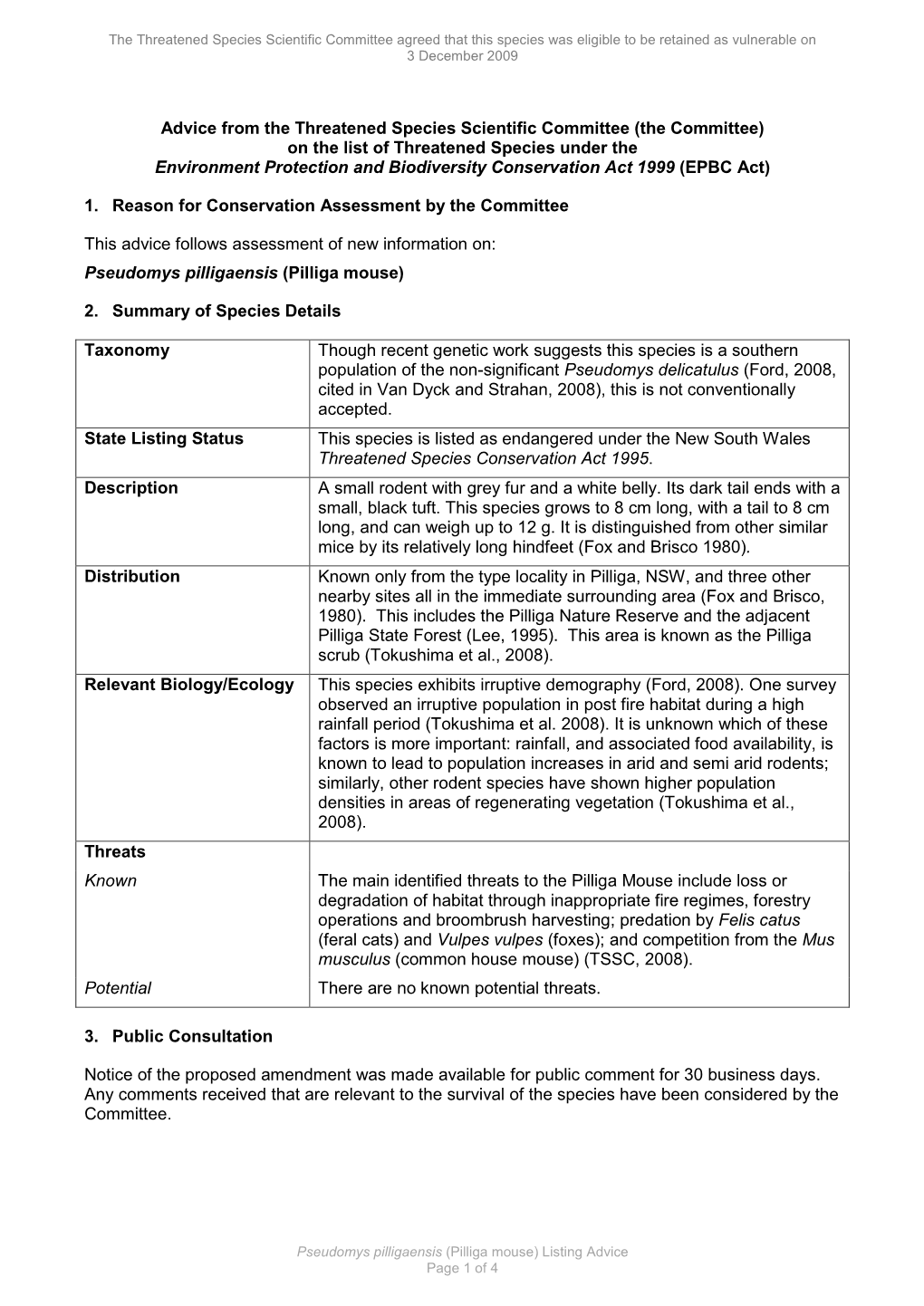 Advice from the Threatened Species Scientific Committee