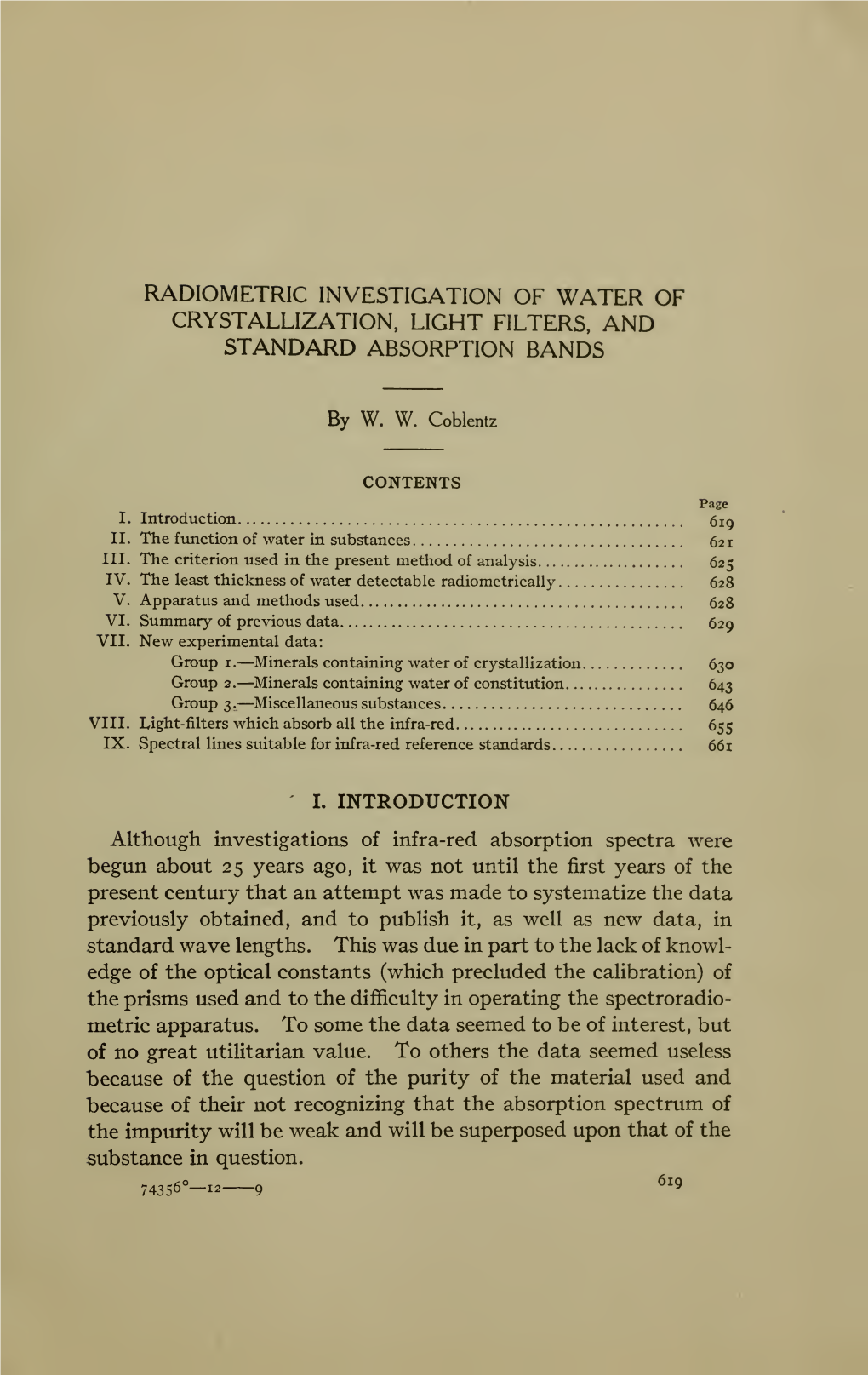 Radiometric Investigation of Water of Crystallization, Light Filters, and Standard Absorption Bands