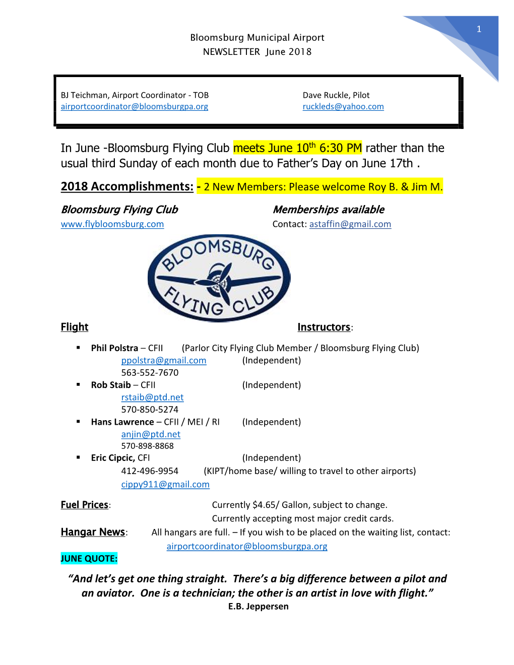 In June -Bloomsburg Flying Club Meets June 10Th 6:30 PM Rather Than the Usual Third Sunday of Each Month Due to Father’S Day on June 17Th