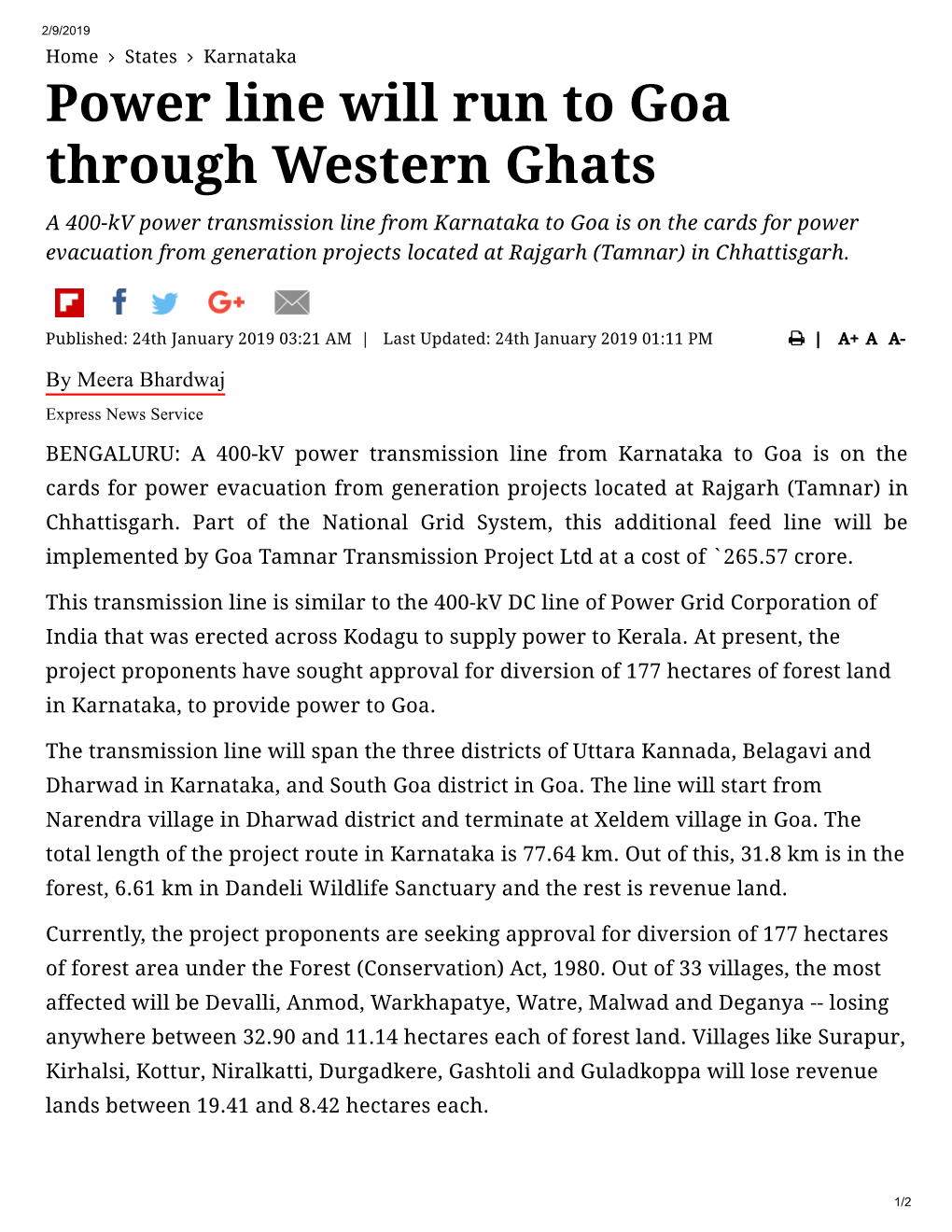 Power Line Will Run to Goa Through Western Ghats