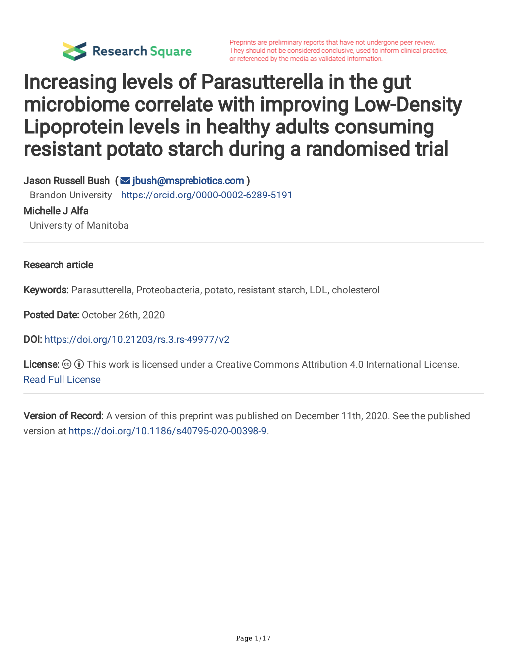 Increasing Levels of Parasutterella in the Gut Microbiome Correlate With